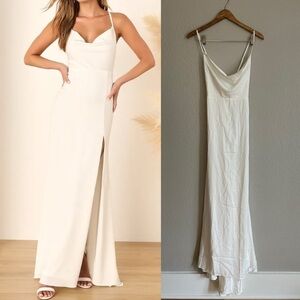 Destined Romance White Satin Cowl Neck Backless Maxi Dress